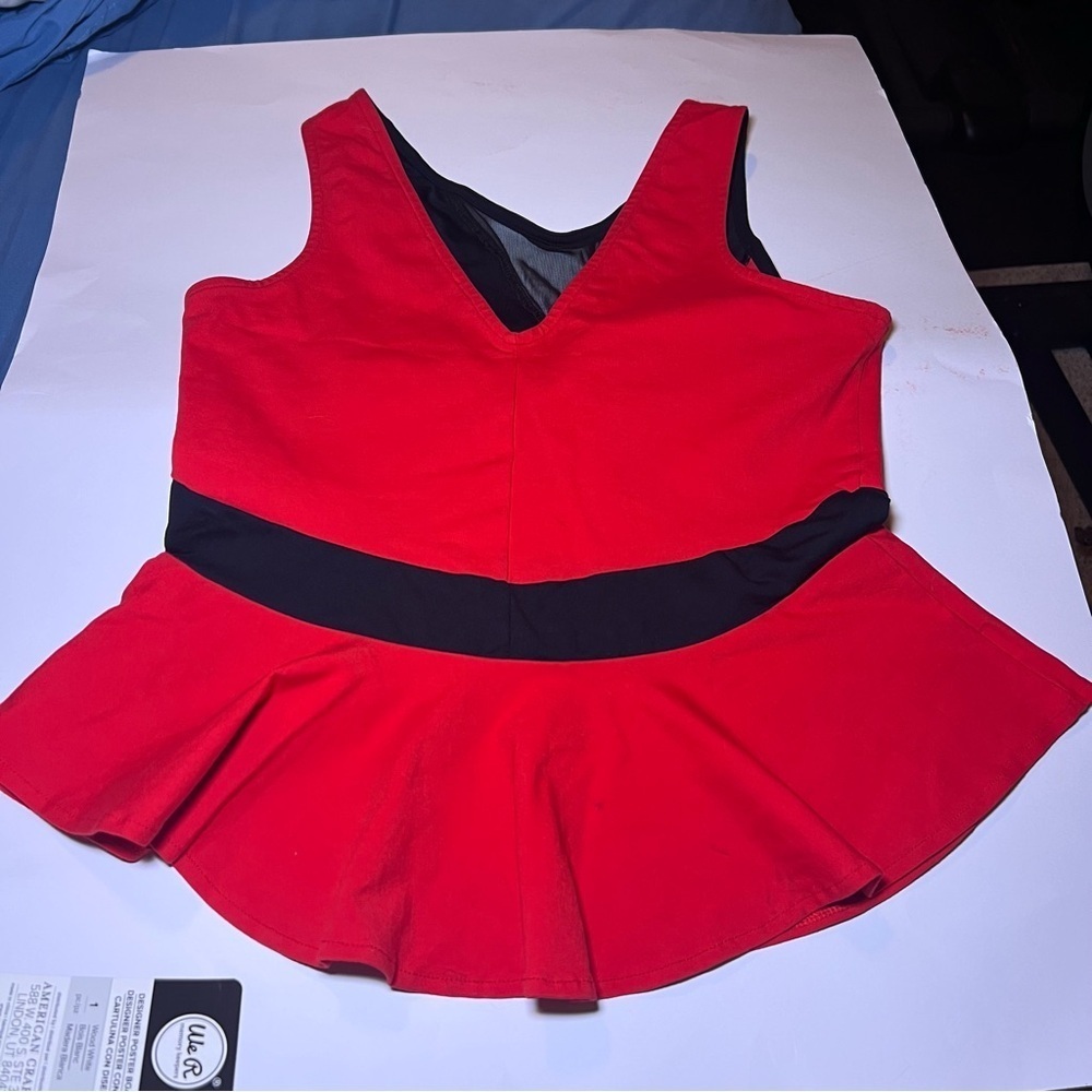 Bebe Red Black Peplum Top Mesh Front Women’s Size Large Business Casual - Picture 5 of 8